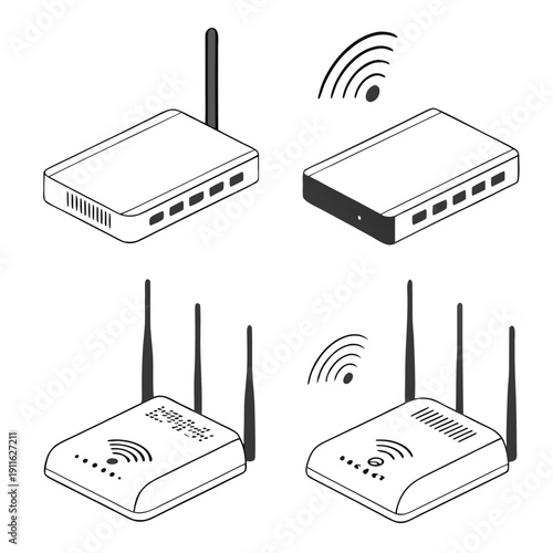 Four different types of wireless routers with varying designs and antenna configurations. Vector
