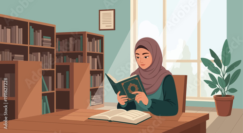 Muslim woman in hijab reading book in library, studying, education, knowledge