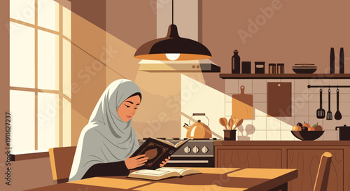 Muslim woman in hijab reading book in sunlit kitchen, peaceful morning study
