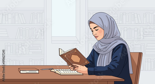 Muslim woman in hijab reading book in library, studying, knowledge and education