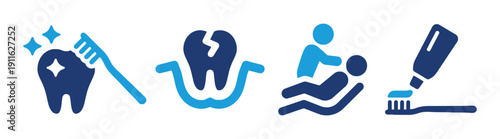 Dental care icons showing tooth brushing, damaged tooth, dentist visit, and toothpaste application