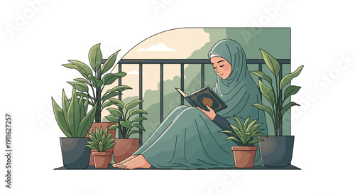 Muslim woman in hijab reading book on balcony surrounded by plants