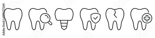 Dental care icons vector set illustrating tooth health, implant, crack, protection and examination