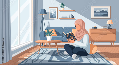 Muslim woman in hijab reading Quran at home, peaceful living room scene