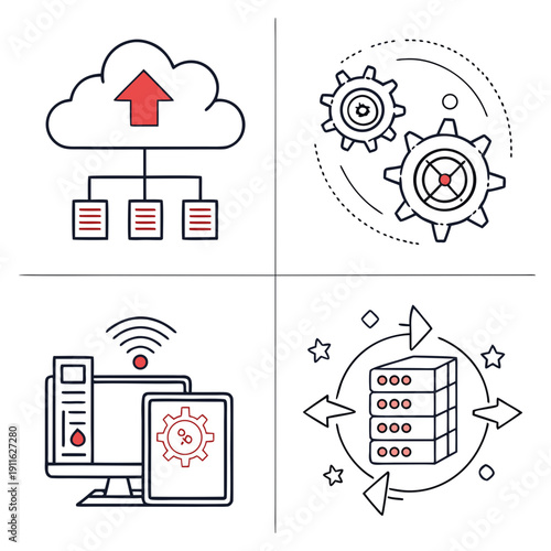 Illustration depicting various aspects of cloud computing and network security Vector