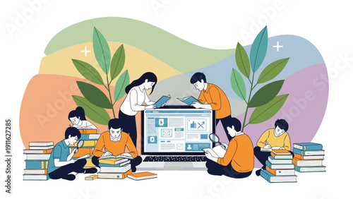 Diverse group of students use a large laptop for collaborative research and studying surrounded by stacks of books and plants.