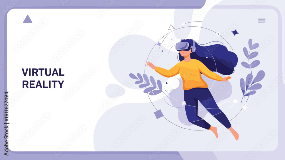 Fototapeta premium Virtual reality landing page template shows a woman wearing a VR headset floating in an abstract digital world with leaves.