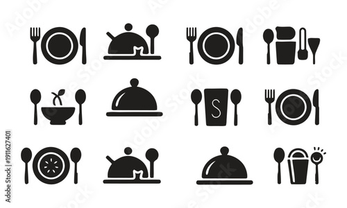Dining and restaurant icons including plates, cutlery, and serving dishes