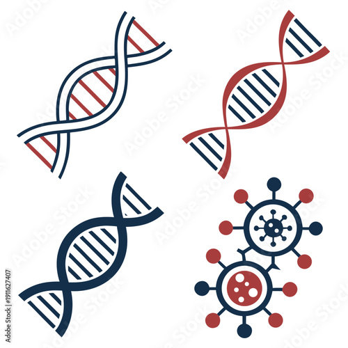 Illustration of dna strands and a virus particle representing genetics and virology. Vector