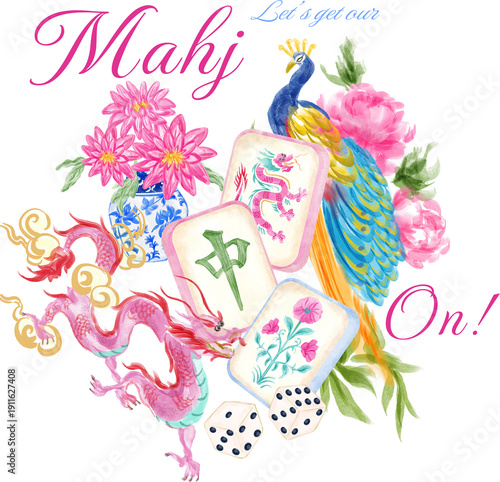 Tableau sur toile Let's get our mahj on, Watercolor Mahjong Illustrations, Mahjong party,  Bird Ba