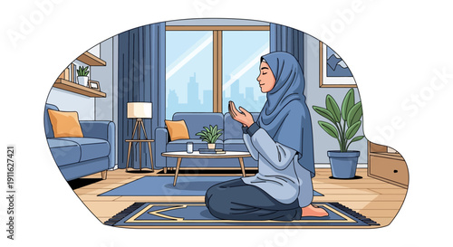 Muslim woman praying at home, wearing hijab, peaceful indoor scene