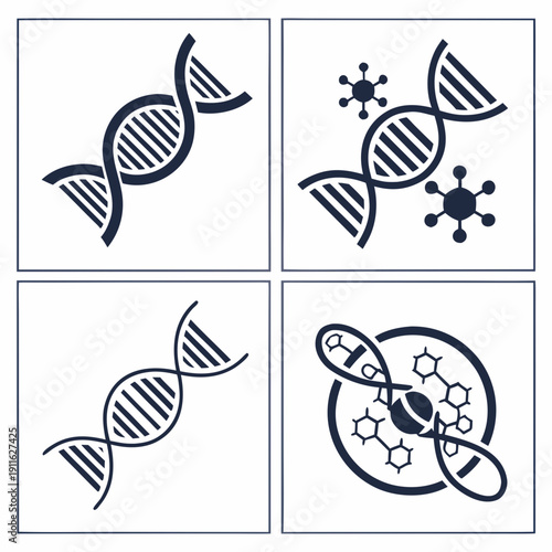 Four distinct images representing genetic concepts and biological structures. Vector