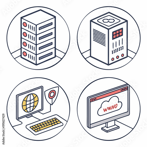 Illustrations of various computer and network components Vector