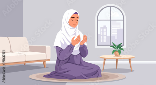 Muslim Woman Praying at Home, Wearing Hijab, Peaceful Devotion