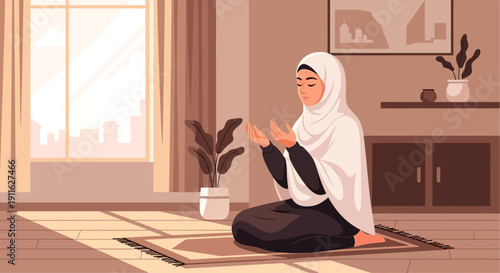 Muslim Woman Praying at Home, Wearing Hijab, Peaceful Morning Session