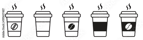 Disposable coffee cup icons with steaming lid and coffee bean design