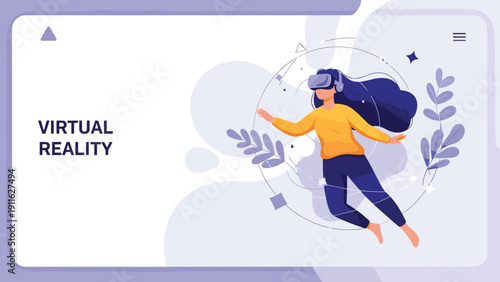 Virtual reality landing page template shows a woman wearing a VR headset floating in an abstract digital world with leaves.