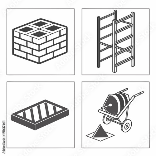 A collection of architectural and construction elements including bricks, scaffolding, and a foundation. Vector