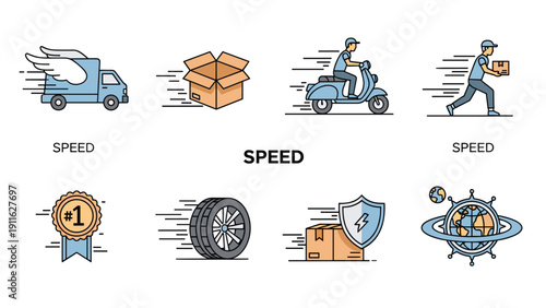 Collection of speed and delivery icons include a flying truck, scooter, runner, and a global logistics symbols in a flat style.