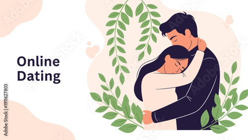 Online dating concept illustration features a romantic couple embracing against a background with green leaves and heart shapes.