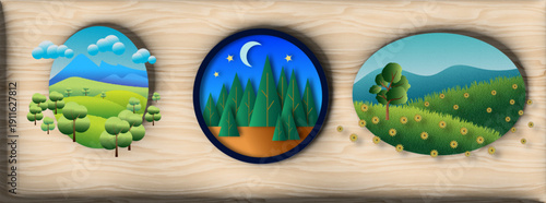 Three landscape vector on wood frame