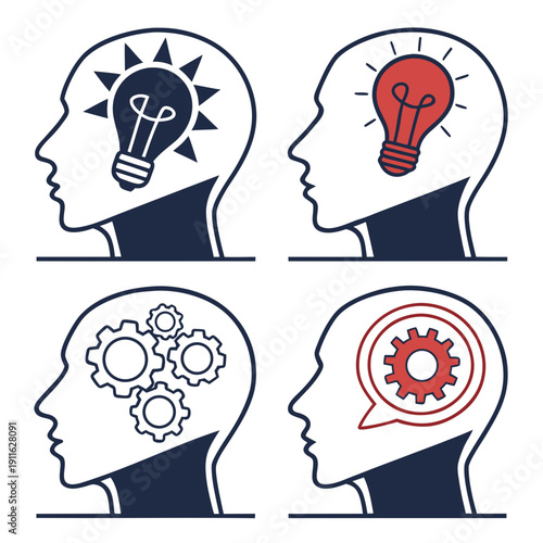 Four heads with different colored gears and light bulbs representing various thinking processes Vector