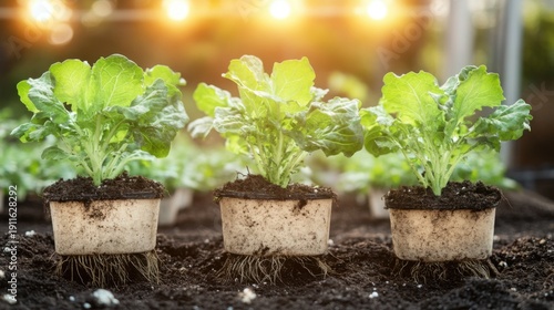 Young lettuce plants with clearly exposed roots are growing vigorously in soil under bright overhead lights, showcasing modern agricultural techniques.
