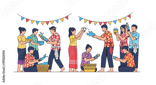 Happy Songkran Water Festival Illustration. People celebrating the Thai New Year holiday tradition by splashing water and playing with water guns and bowls.