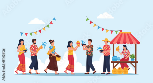 Thai Songkran Water Festival Celebration. Happy people splashing water during the New Year holiday in traditional and floral clothing.
