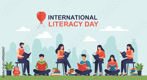 International Literacy Day Celebration Vector. Diverse Group Reading Books Outdoors. World Education, Reading Culture, and Knowledge Promotion Flat Illustration.
