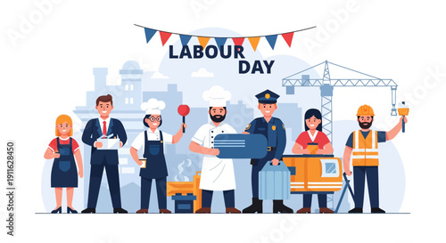 Happy Labour Day Illustration: Diverse Group of Professionals Celebrating Different Occupations (Chef, Officer, Construction Worker) in City Skyline Vector.