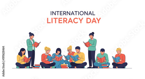 International Literacy Day Illustration: Diverse Students and Teachers Reading Books. Global Education and Learning Concept Vector.