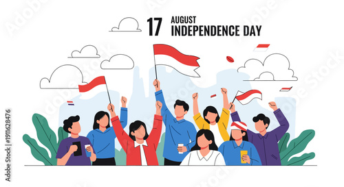 Indonesia Independence Day 17 August. Diverse Crowd Waving Merah Putih Flag, Celebrating Freedom and Patriotism