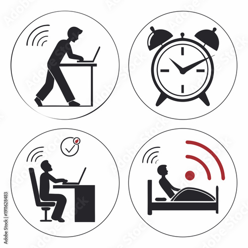 Four icons representing different activities to avoid before bedtime. Vector