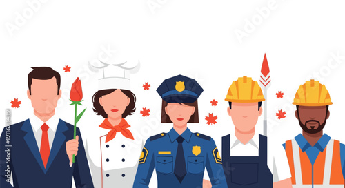Diverse Workforce Professionals: Chef, Police, Construction, and Business People. Career Occupations Unity Vector Illustration.