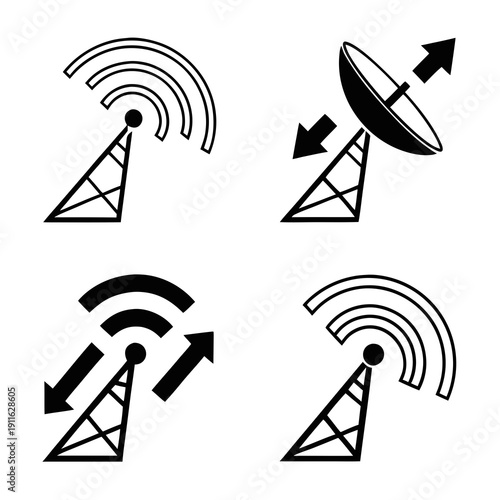 Four different types of communication towers and their signals Vector