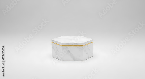 Luxury White Marble Hexagon Podium with Gold Edge for Premium Product Display and Jewelry Showcase Background 3D Rendering