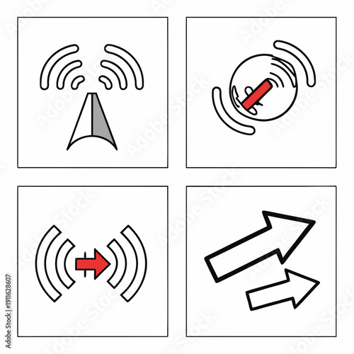 Four icons representing wireless communication, signal strength, and direction. Vector