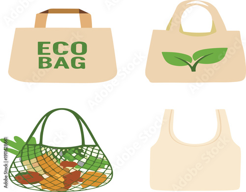 Eco friendly reusable shopping bag vector illustration set with sustainable tote and grocery bags collection