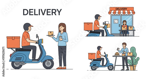 Scooter Delivery Service Vector Set: Courier Delivering Food, Packages, and E-commerce Orders. Modern logistics and shipping line art illustration.