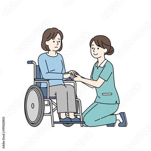 Caring nurse holds hands of elderly woman in wheelchair, offering comfort and support