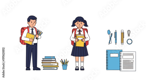 Cute Asian Students in School Uniforms with Backpacks, Books, and Learning Supplies. Outline Vector Illustration Set for Education and Back to School.