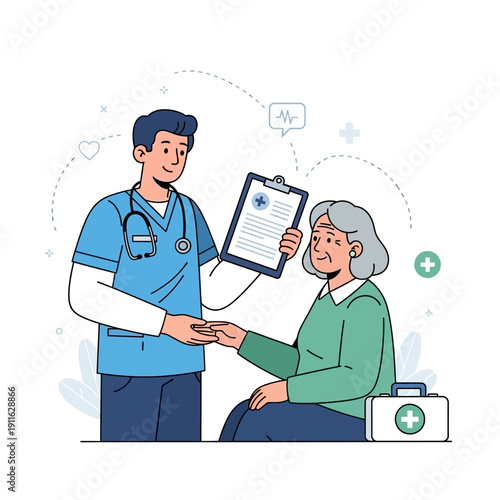 Doctor Consults Elderly Patient, Holding Medical Chart, Healthcare Concept