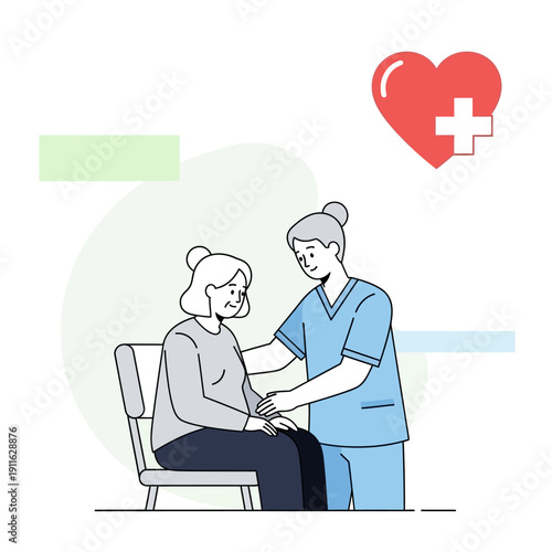 Nurse comforting elderly woman, healthcare, medical support, senior care, compassion, medical symbol