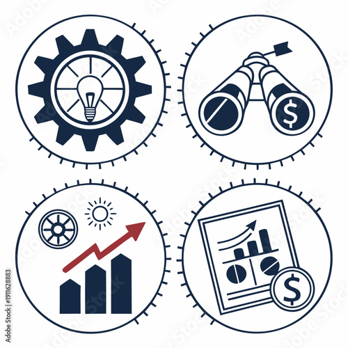 Five icons representing different aspects of business and industry. Vector