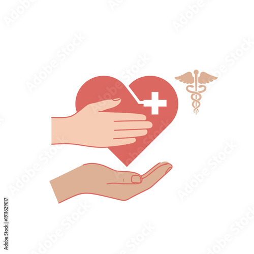 Healthcare support hands holding heart with caduceus medical symbol
