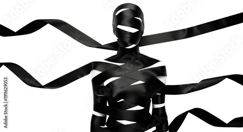 Abstract human figure wrapped in elegant black silk ribbons