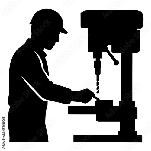 Illustration of silhouette of a construction worker or machinist operating a drill press machine