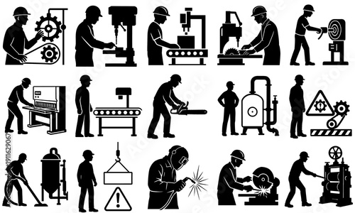 Illustration of silhouettes of factory workers performing various industrial tasks and operating machinery