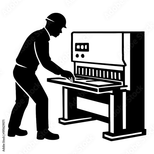 Illustration of worker operating a large industrial paper cutting machine in silhouette